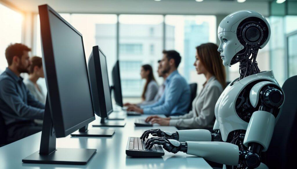 Roboter arbeitet an Computer neben Menschen im Buero, Symbolbild fuer Auswirkungen der KI Entwicklung auf Berufsbilder