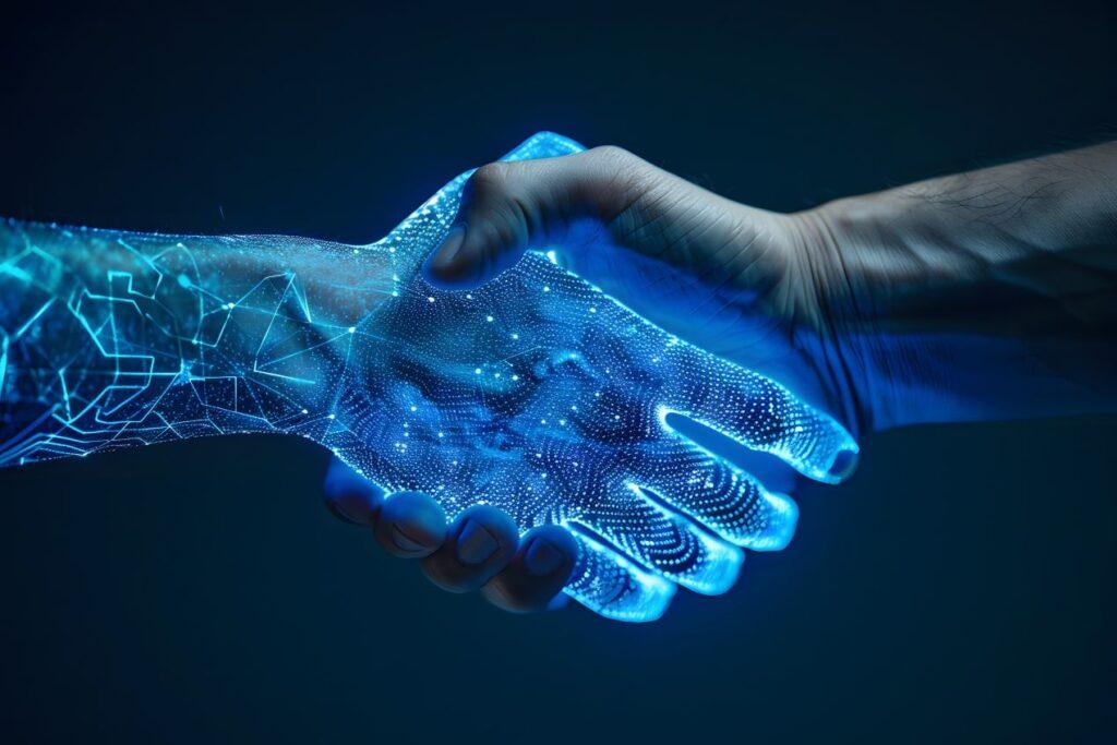 Mensch gibt digitaler Hand einen Handschlag, Symbolbild fuer Vertrauen und Zusammenarbeit durch KI Entwicklung im Arbeitsalltag