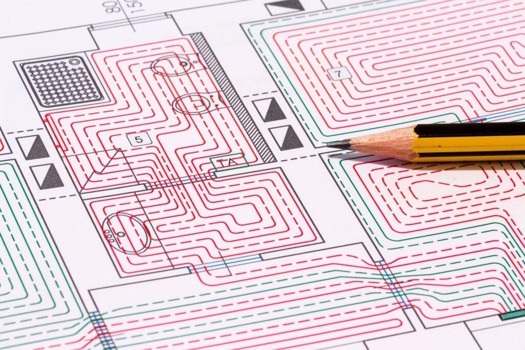 Technischer Grundriss mit farblich markierten Heizkreisen einer Fußbodenheizung und einem Bleistift auf dem Plan