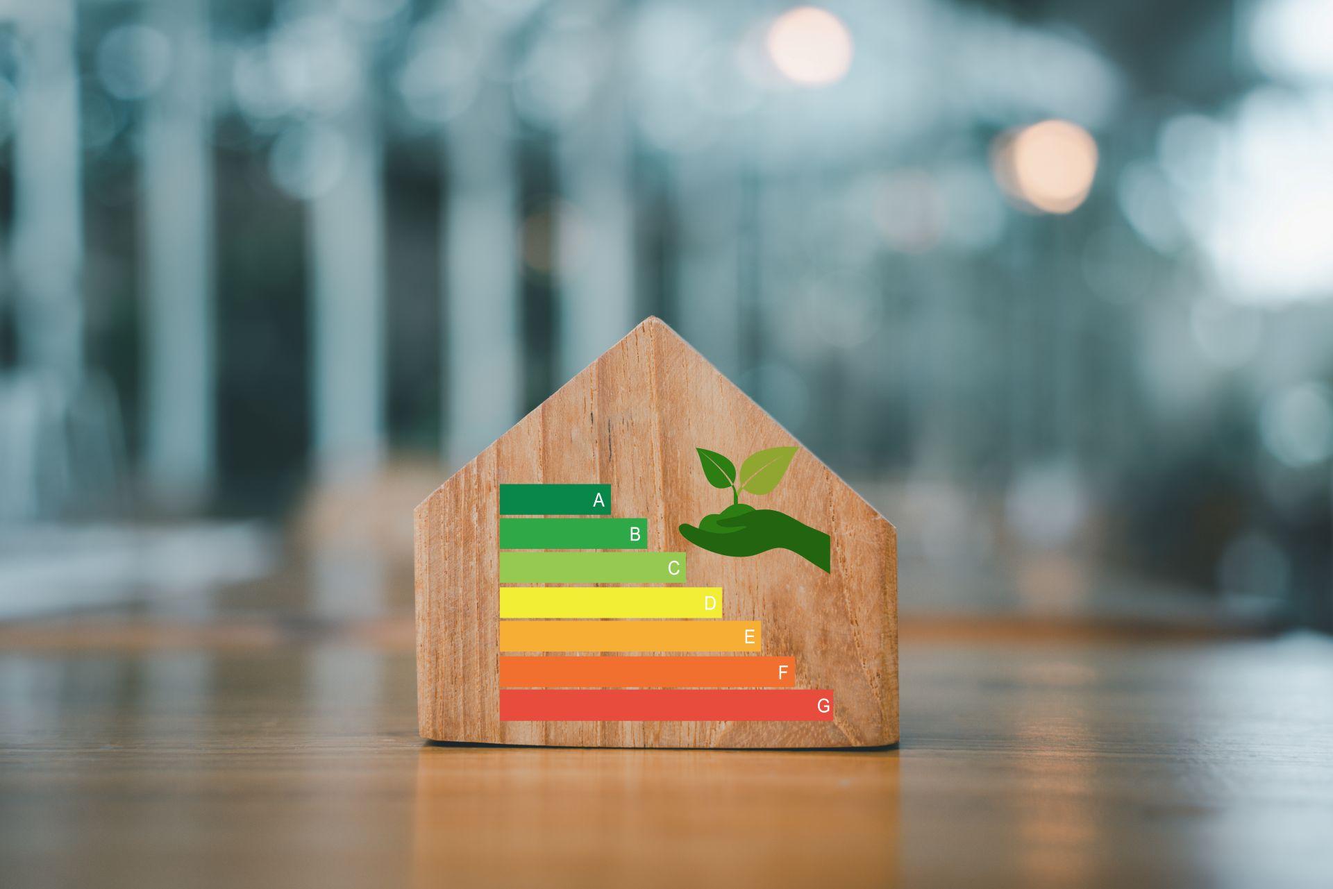 Holzhaus mit Energieeffizienzklassen und grünem Nachhaltigkeitssymbol auf einem Tisch, verschwommener Hintergrund