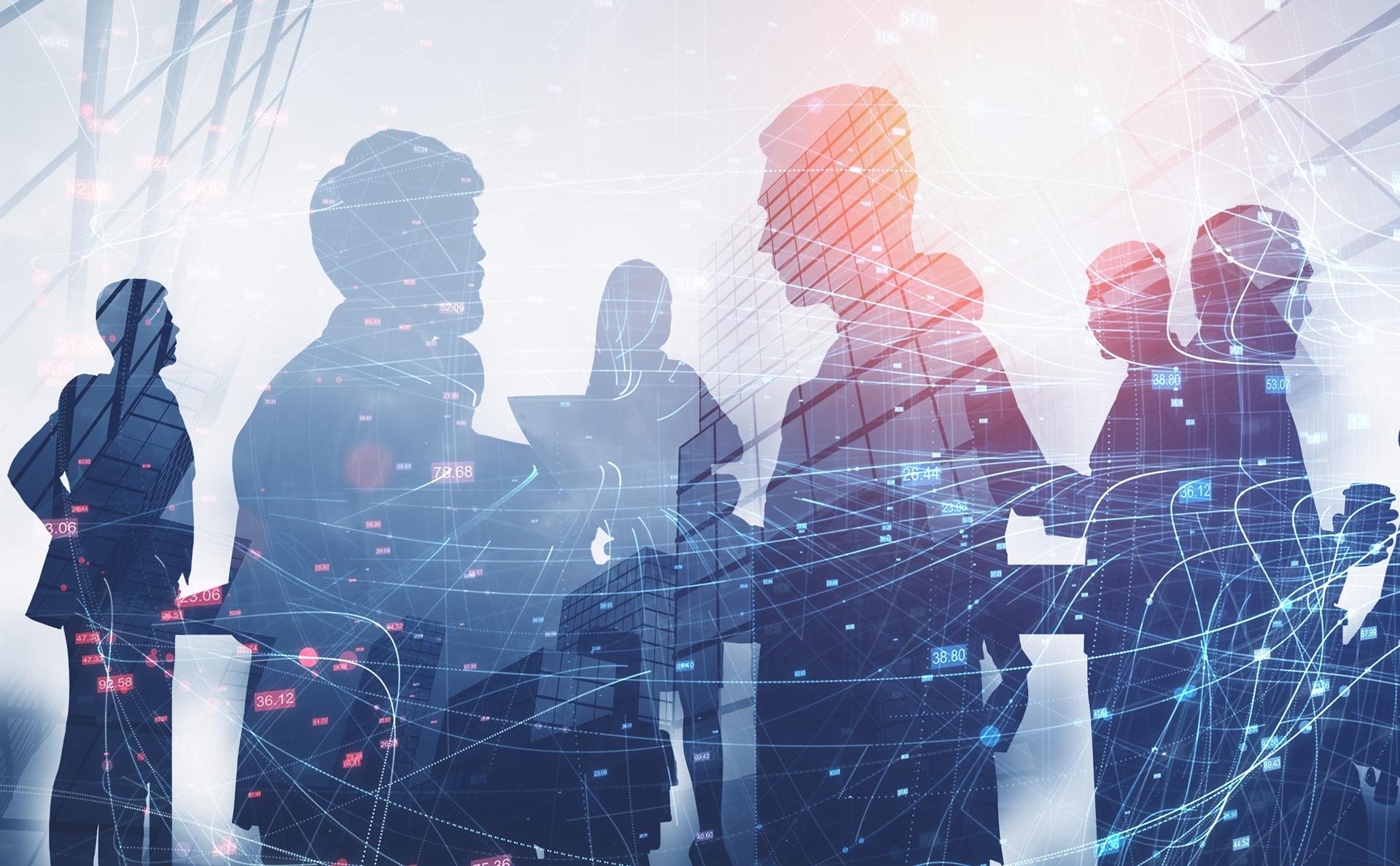 Schatten von Geschaeftsleuten mit digitaler Netzwerkstruktur | Düsseldorf Tagungsräume